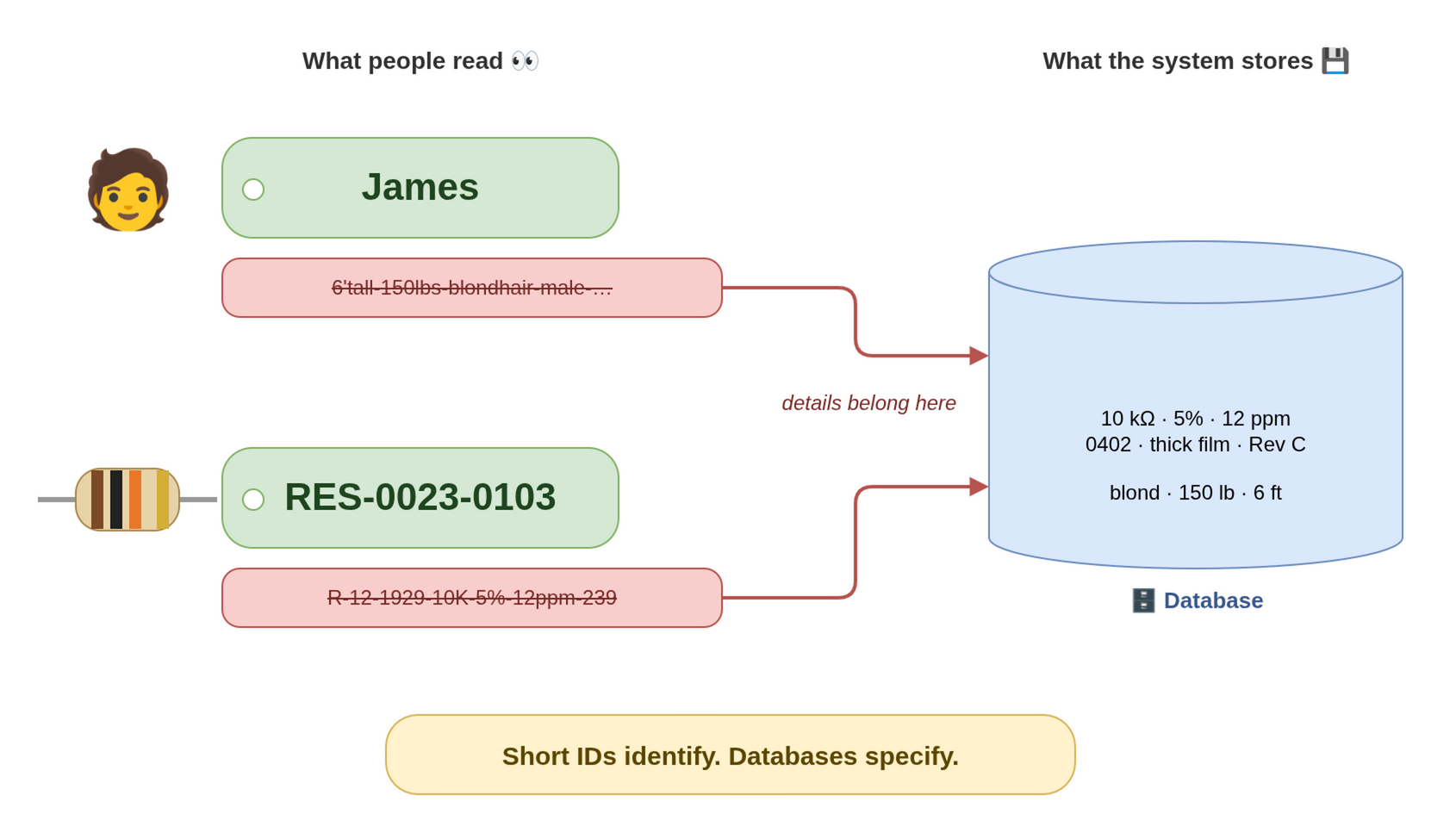 IDs identify; databases specify
